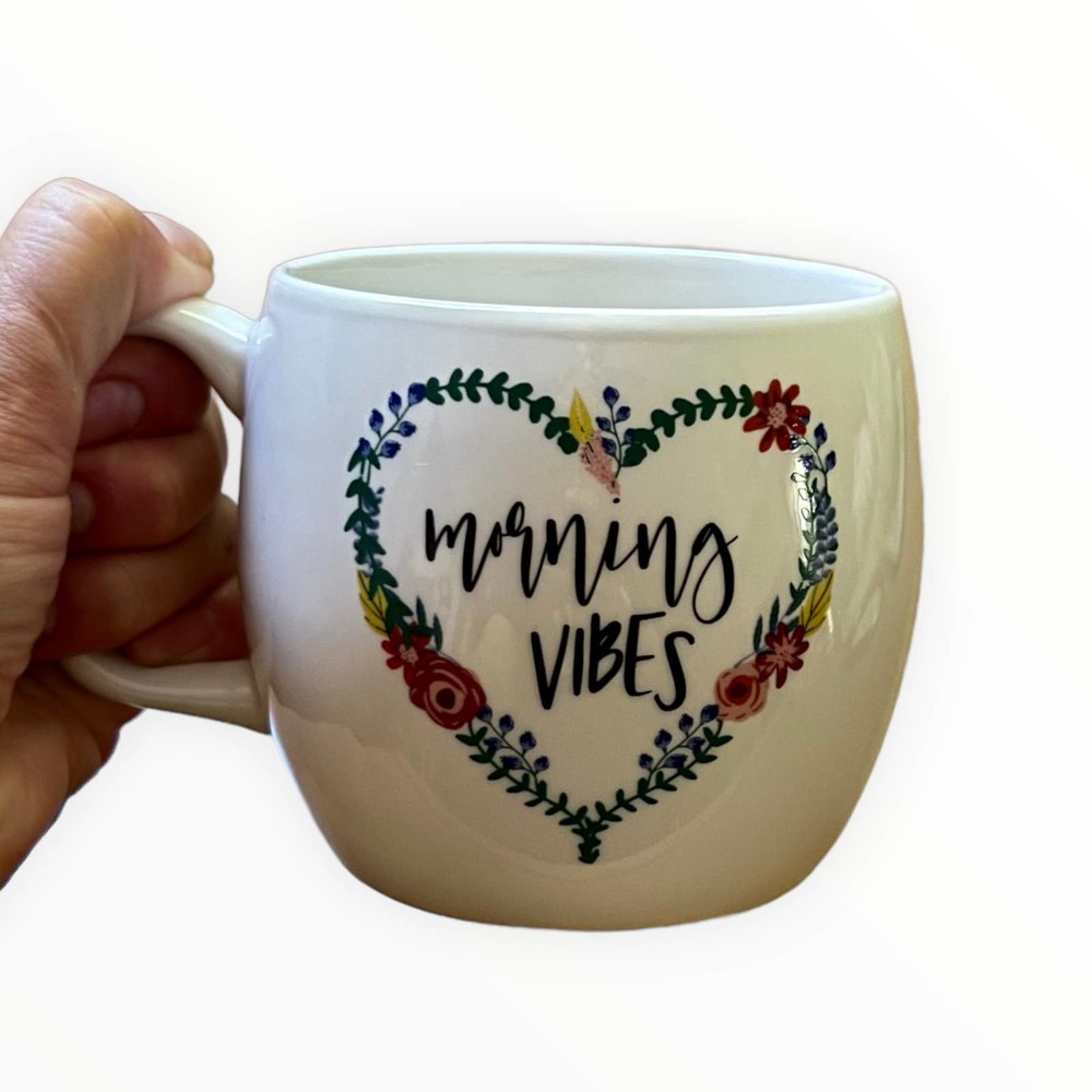 Opal House Morning Vibes White Ceramic Coffee Mug with Floral Heart Shape Design